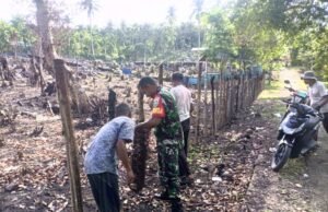 Babinsa Koramil 01/Sukajaya Bantu Warga Gotong Royong Bangun Pagar Kebun