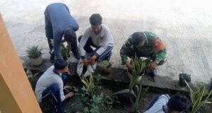 Hijaukan Sekolah, Babinsa Koramil 01/Sukajaya dan Siswa SMPN 9 Sabang Tanam Tanaman Hias Bersama