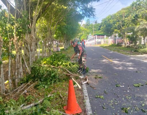 Babinsa Krueng Raya Gotong Royong Bersama PLN & Warga, Amankan Jaringan Listrik dari Dahan Pohon